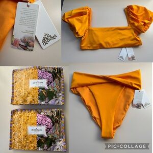 Agua Bendita Lily Arabella Puff Sleeve Bikini Set Orange NWT Size XL